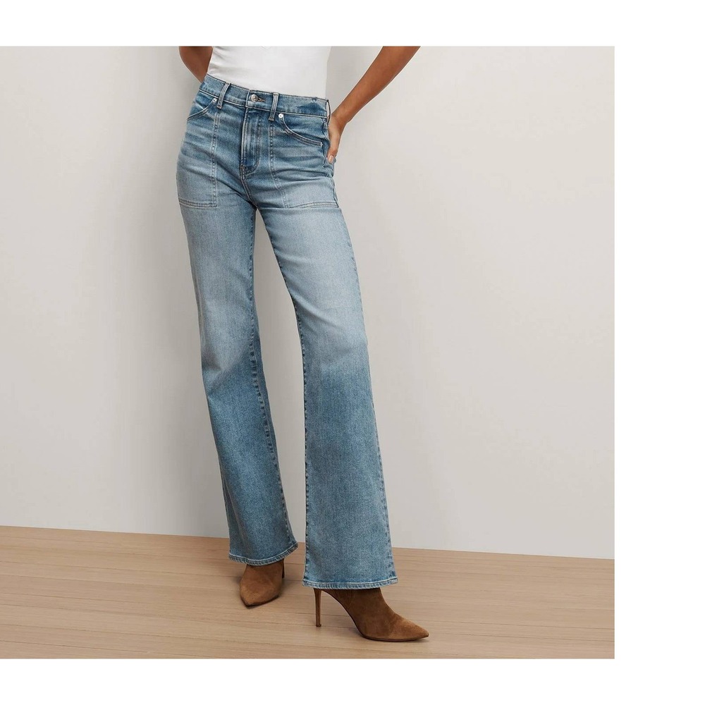 Veronica Beard Crosbie Patch Pocket Slim Wide-Leg Jean Sedona River Blue Size 28